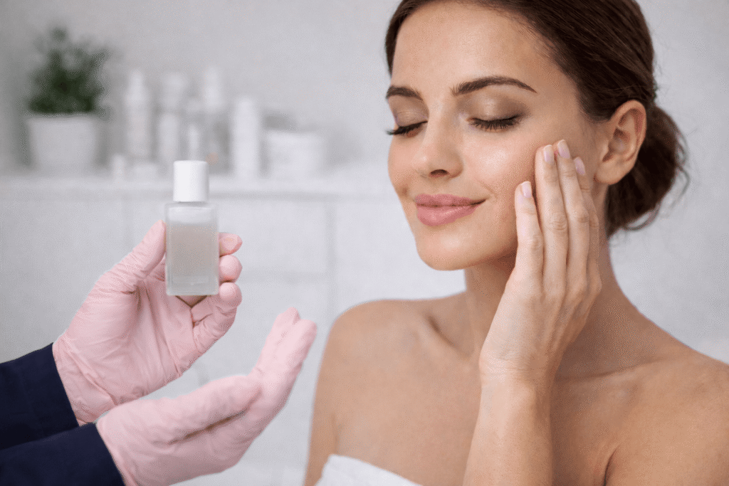 woman applying serum to her face in a skincare routine