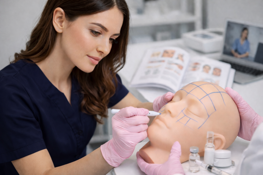 A beauty professional practicing facial marking techniques on a training mannequin.