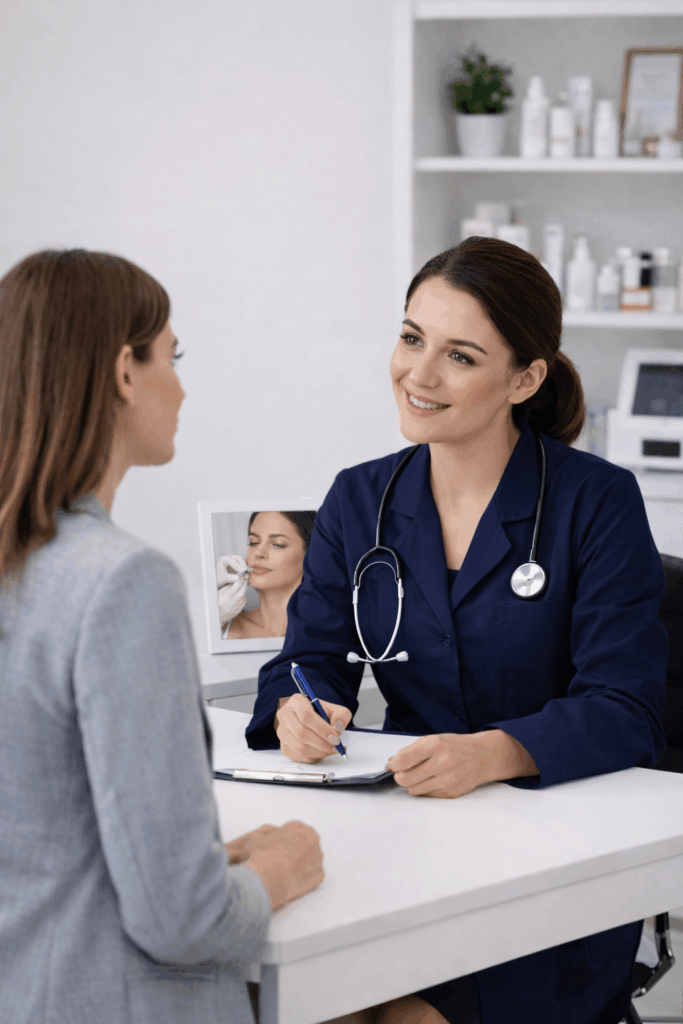 A doctor in a blue coat consulting with a patient about cosmetic treatments.