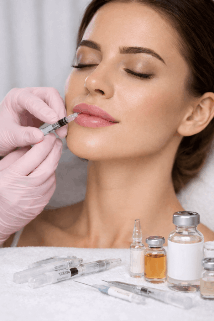 A professional administering a lip injection procedure to enhance lip fullness.