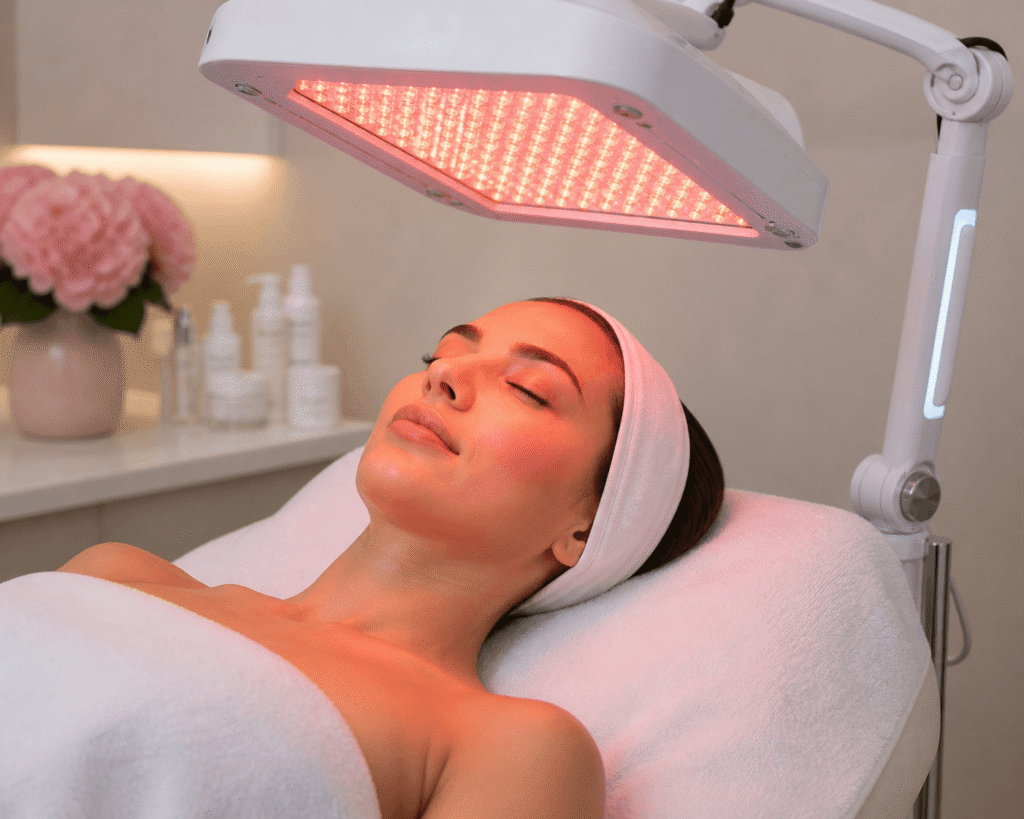 Woman relaxing during a skincare session with red light therapy