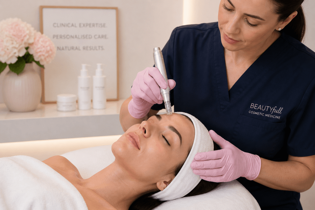 A professional performing a beauty treatment on a client in a serene clinic setting.
