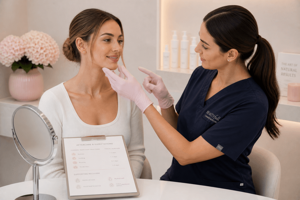 A skincare consultation session with a professional examining a client's face.