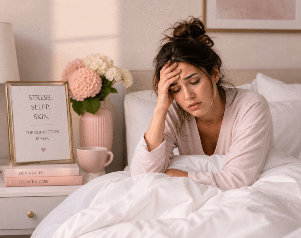 A woman looking stressed in bed, holding her head, with a cozy bedroom setting.