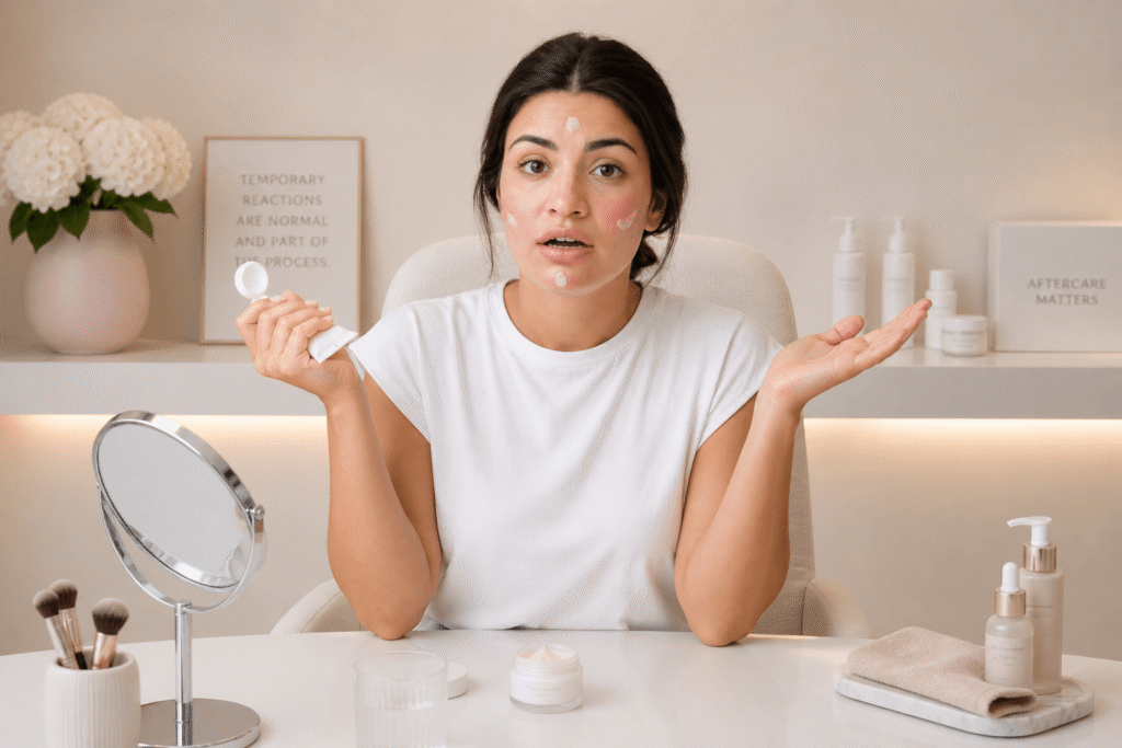 Woman demonstrating skincare routine with products on a table