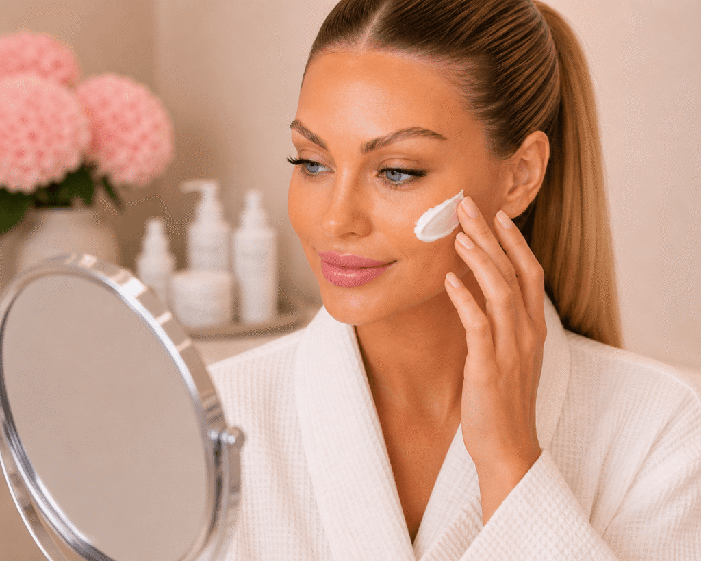A woman applying moisturizer to her face while looking in a mirror.