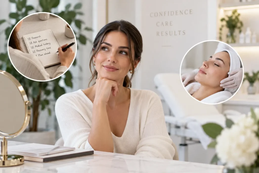 Woman considering preparation and aftercare before and after a cosmetic appointment.