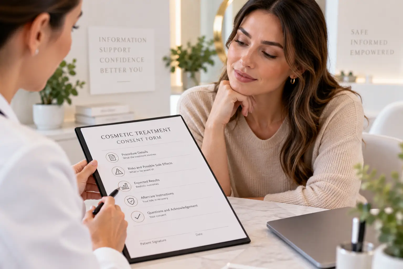 Cosmetic practitioner explaining a treatment consent form to a patient during a consultation.
