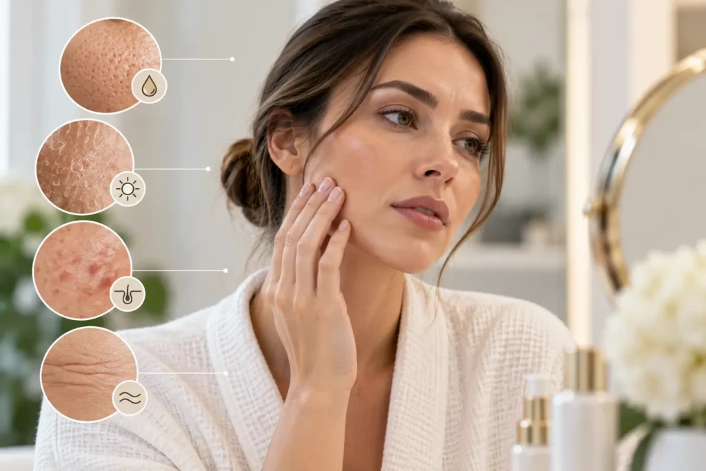 Woman examining uneven skin texture with examples of enlarged pores, dryness, blemishes and fine lines.