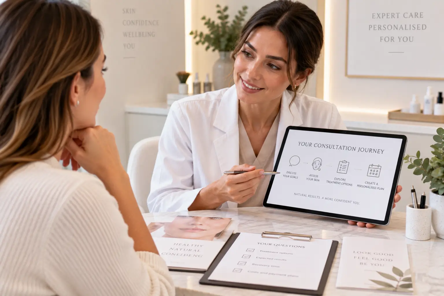 Patient discussing treatment goals and options with a practitioner during her first cosmetic consultation.