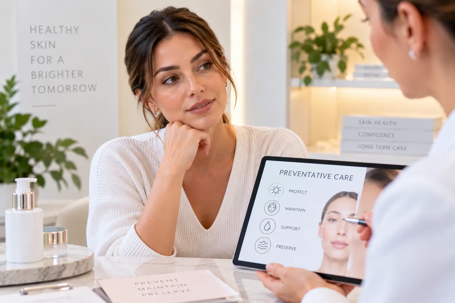 Patient discussing preventative aesthetic care and long-term skin health with a cosmetic practitioner.