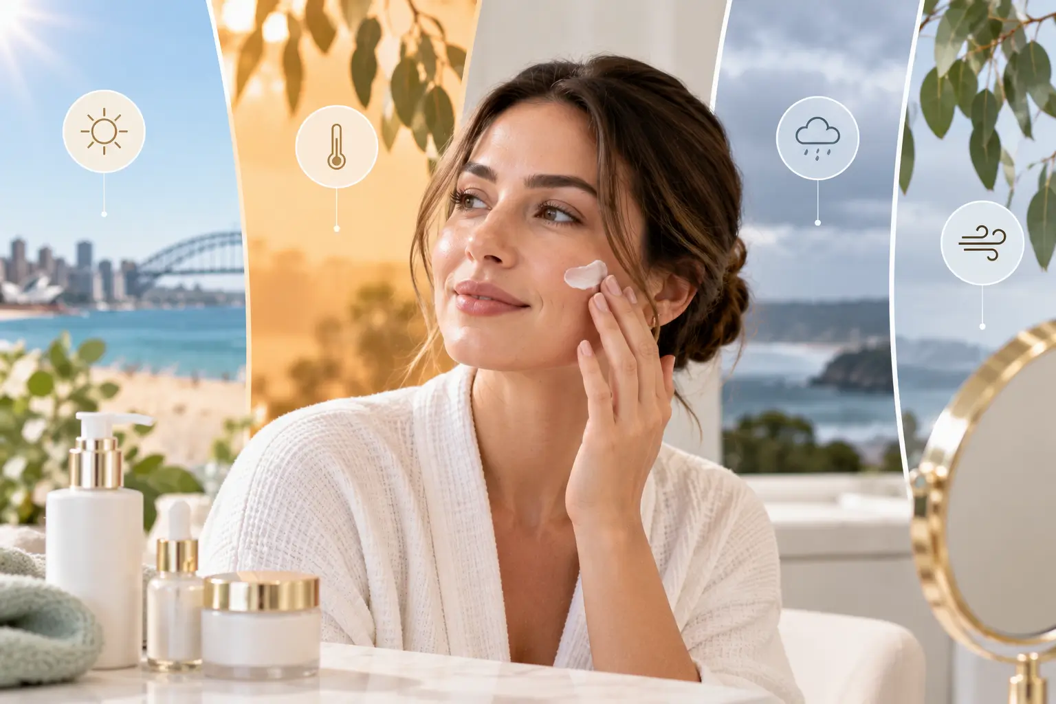 Woman adjusting her skincare routine for changing Australian weather conditions, including sun, heat, rain and wind.