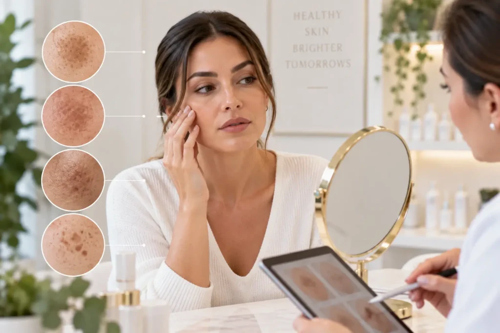 Woman discussing different types of facial hyperpigmentation during a professional skin consultation.