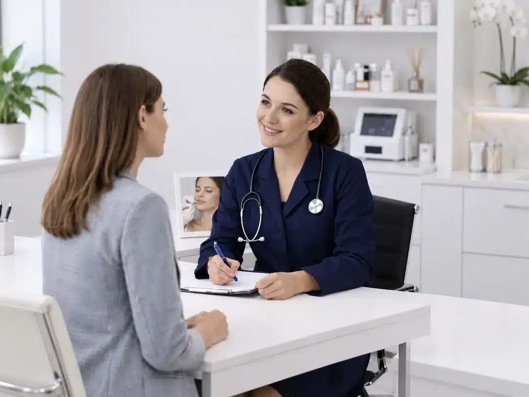 Client consultation at a clinic desk