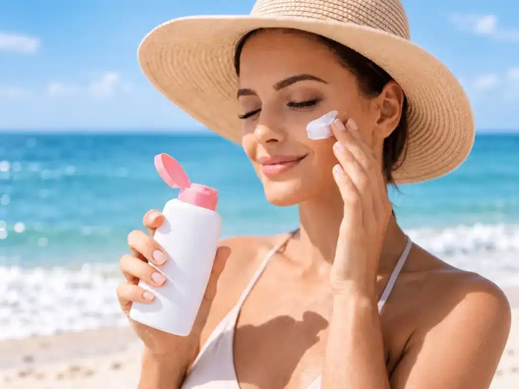 Woman applying sunscreen at the beach