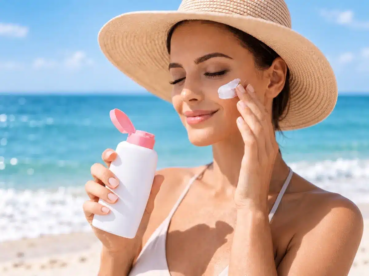 Woman applying sunscreen at the beach